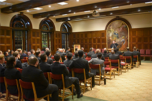 Bishop Barron speaks to the seminarians in Laubacher Hall.