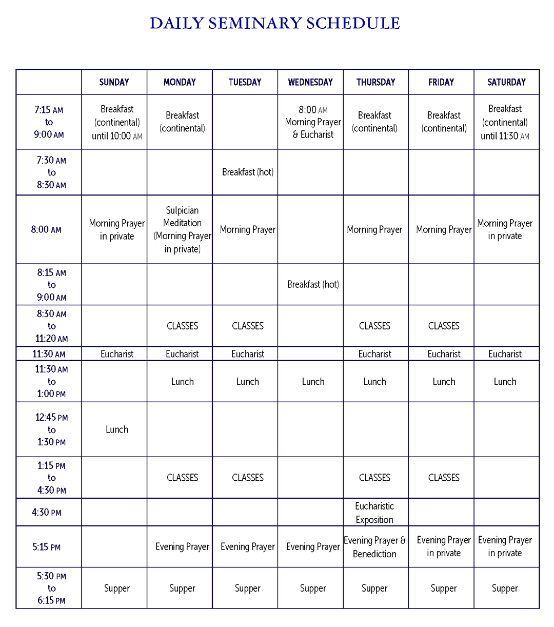 Image of Daily Seminary Schedule table