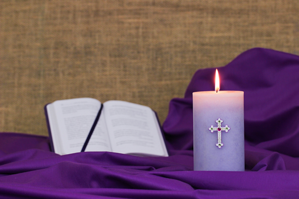 Preaching Lent image: Bible, Candle, purple cloth