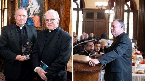 (Left) Fr. Prior with Fr. Leavitt, his former teacher for whom the award is named; (Right) Fr. Prior expresses his thanks at the alumni luncheon.