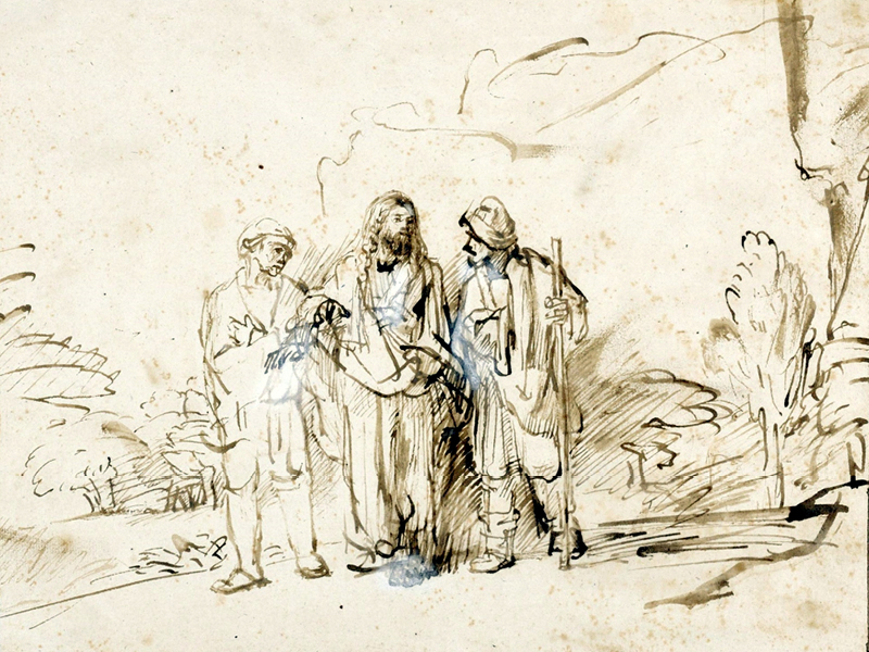 Christ with two disciples on the road to Emmaus. Rembrandt (c. 1655)