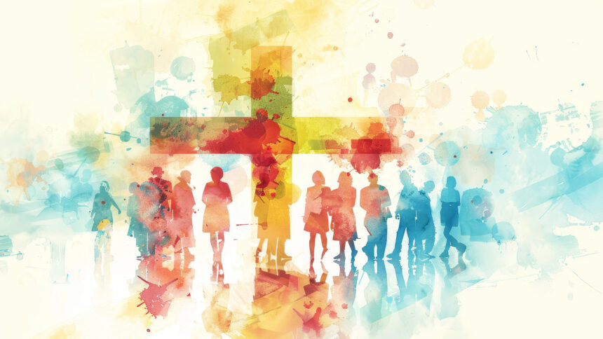 water color image of various people with cross behind them.