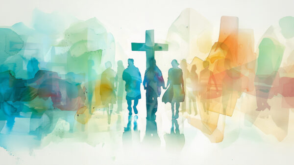 water color image of various people with cross behind them.