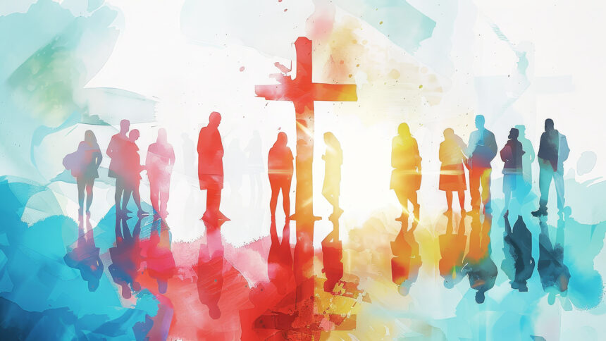 water color image of various people with cross in the midst of them.